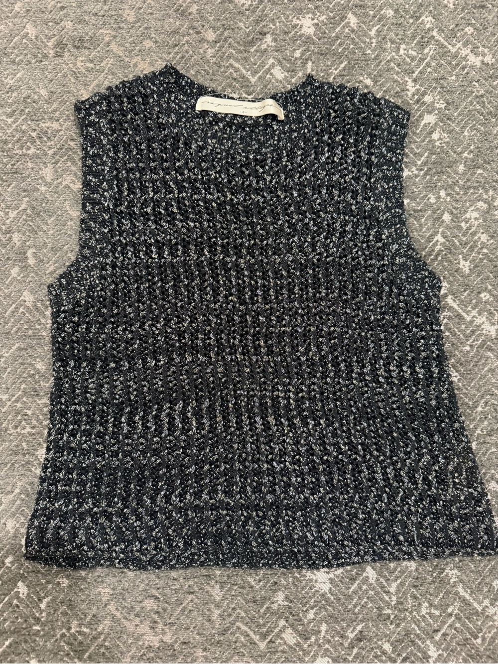 Raquel Allegra Metallic Black Silver Lurex Knit Sleeveless Top Size 0